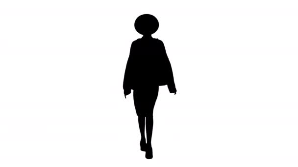 Glimlachende Afro-Amerikaanse vrouw in gebreide kleding en witte hoed poseren tijdens het lopen, Alpha Channel — Stockvideo