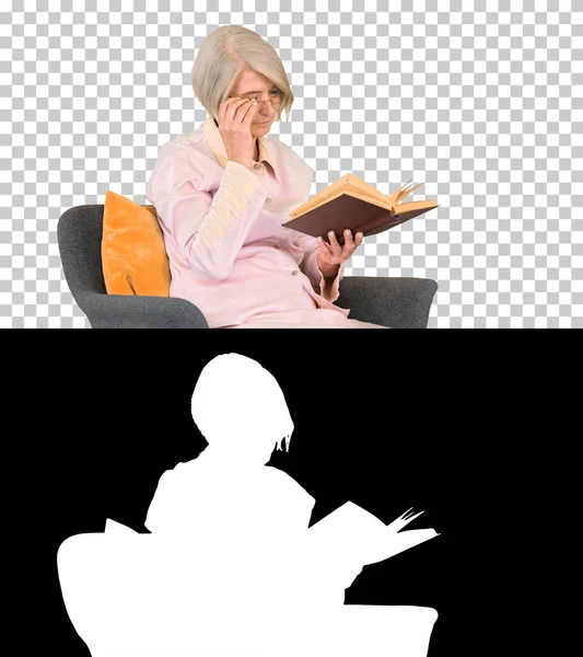 Mulher aposentada lendo um livro sentado em uma cadeira, Alpha Channel w — Fotografia de Stock