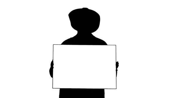 Silhouette Smiling senior man in a hat holding blank placard. — Stock Photo, Image