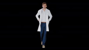 Beyaz önlüklü erkek doktor, elleri ceplerinde yürüyor. Önüne bakıyor, Alfa Kanalı.