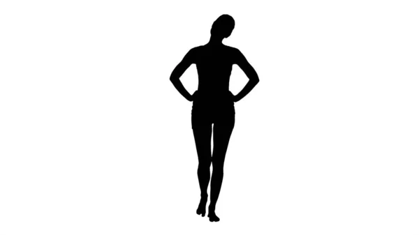 Silhouette Yoga stretching collo. Ragazza in bianco camminare e fare — Foto Stock