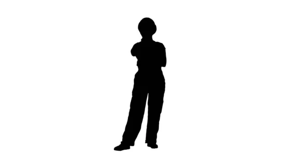 Silhouette Frau in Bauuniform hört instructio — Stockfoto