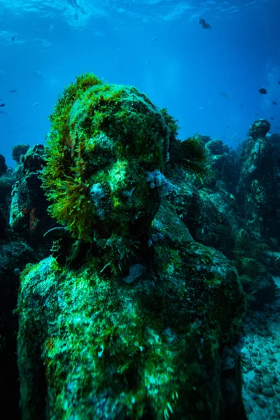 underwater picture of stone statues on ocean bottom