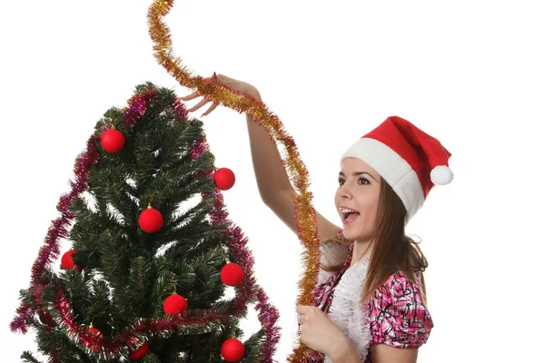 Femme Dans Chapeau Noël Décorant Arbre Noël — Photo