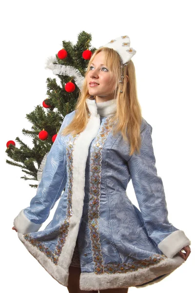 Tânără Îmbrăcată Costum Snow Maiden Izolată Fundalul Alb — Fotografie, imagine de stoc