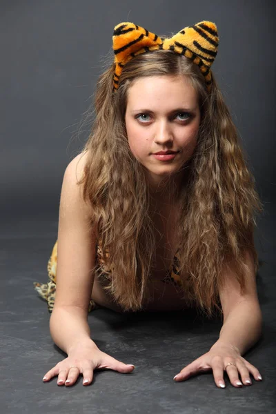 Joven Mujer Seductora Posando Piel Leopardo —  Fotos de Stock
