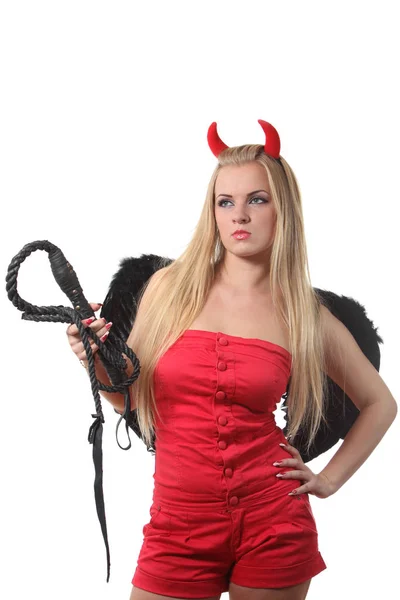 Genç Sexi Sarışın Kadın Kırmızı Şeytan Kostümlü — Stok fotoğraf