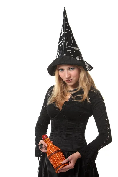 Young Woman Witch Costume Bottle — Stock Photo, Image