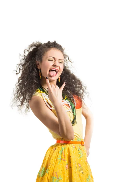 Young Attractive Girl Yellow Shirt Showing Tongue Royalty Free Stock Photos