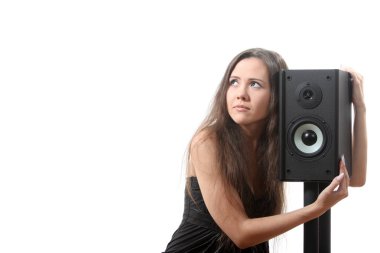 Beatuifull kadın tutun bir hoparlör