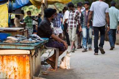 Kochin, Hindistan-Şubat 25: Tüccar üzerinde 25 Şubat 2013 Kochin, Hindistan Hint şehrin sokakta. Tüccar bir şehir sokak il Tamil Nadu üzerinde