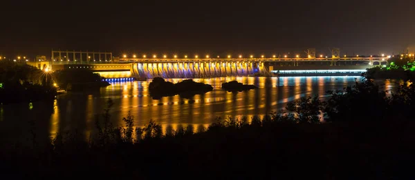 Zaporozhye Hidro Elektrik Santrali Gece Dnepr Nehri Üzerinde Ukrayna — Stok fotoğraf