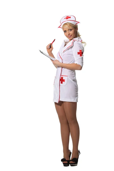 Joven Enfermera Atractiva Sostiene Portapapeles —  Fotos de Stock
