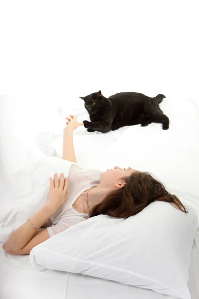 Woman Bed Playing Her Black Cat — Stock Photo, Image