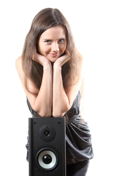 Beatuifull Woman Lean One Elbows Speaker — стоковое фото
