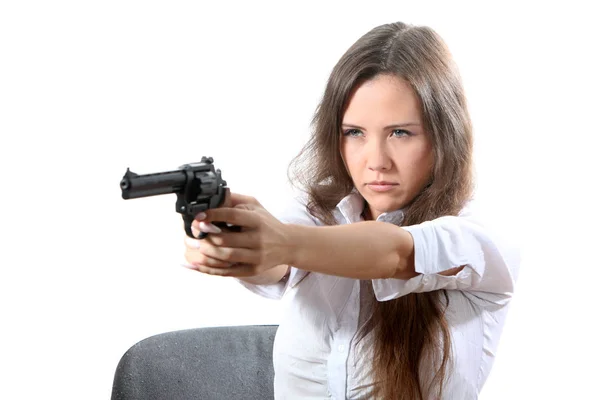 Beautiful Businesswoman Aiming Revolver — Stock Photo, Image