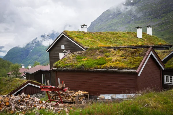 Casa Norueguesa Com Telhado Grama — Fotografia de Stock