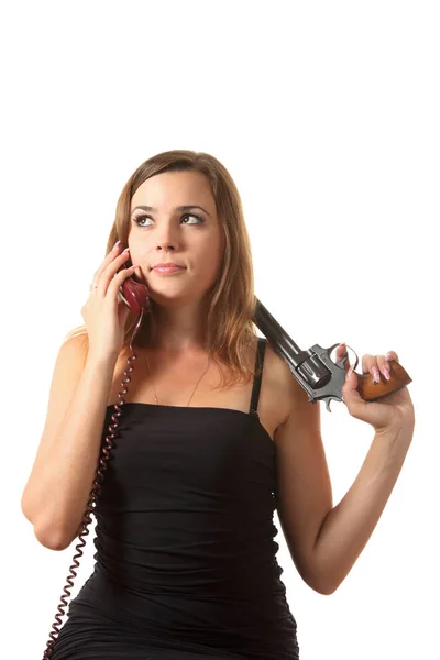 Une Jeune Fille Avec Fond Isolement Revolver — Photo