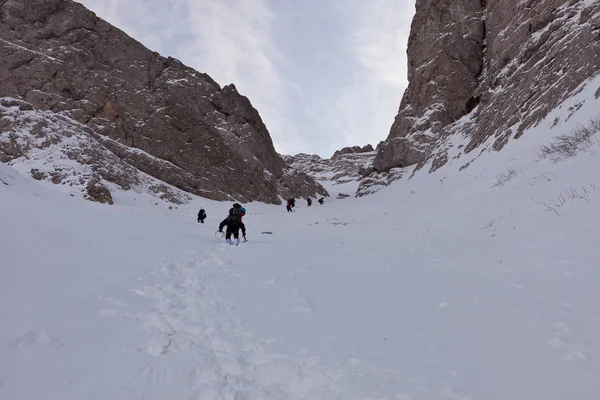 Karlı Kırım dağlarında yürüyüşçüler