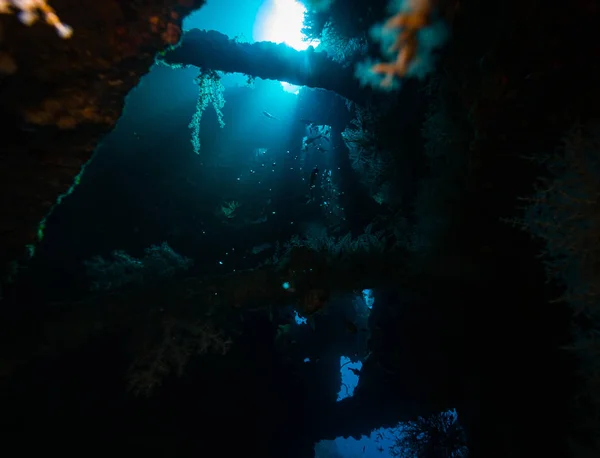 Onderwater Shoot Van Gezonken Schip Bodem Van Oceaan Bali Indonesië — Stockfoto