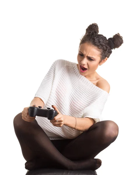 Linda Chica Rizada Jugando Videojuego — Foto de Stock