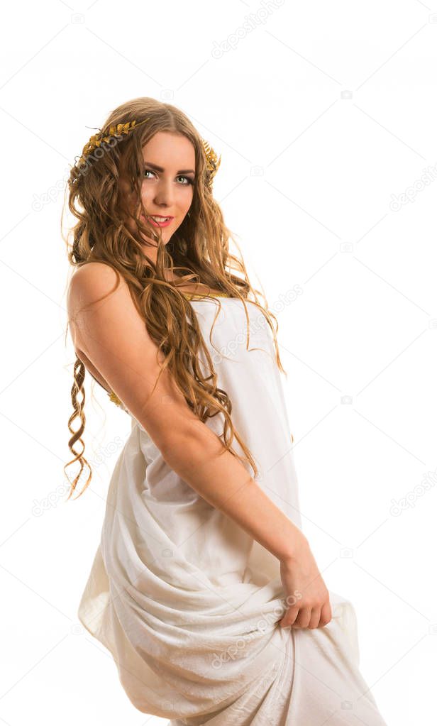 Ancient  goddess  in a white greece toga isolated on a white background