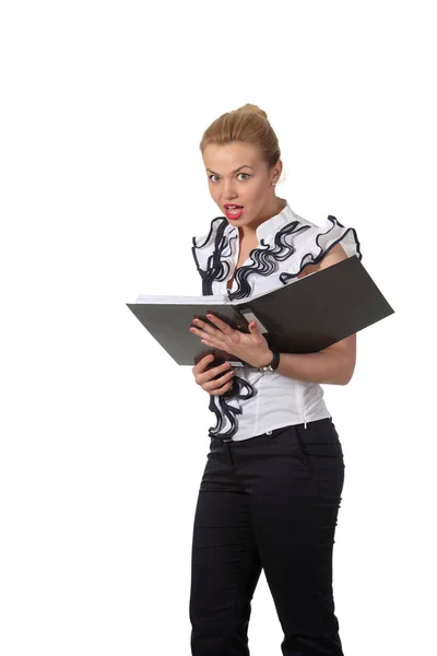 Young Blond Businesswoman Read Document Folder — Stock Photo, Image