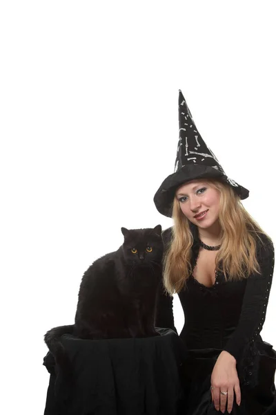 Een Jonge Vrouw Een Heks Kostuum Met Een Zwarte Kat — Stockfoto