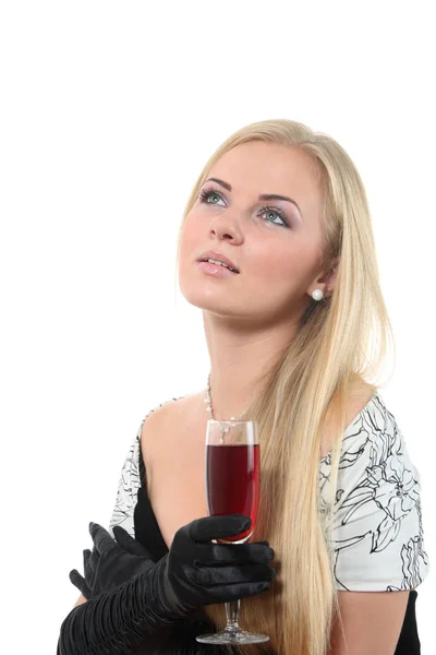 Luxueus Jonge Blonde Vrouw Drinken Van Rode Wijn — Stockfoto