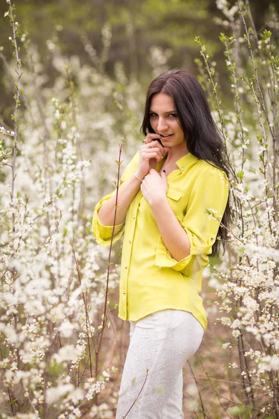 Jovem Encantadora Nas Flores Cereja Primavera — Fotografia de Stock