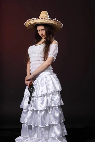 Woman Mexican Costume Hold Revolver — Stock Photo, Image