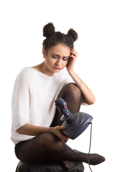 Bilgisayar Oyunu Oynamak Sevimli Kıvırcık Genç Kız — Stok fotoğraf