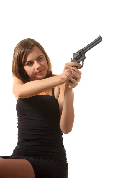 Belle Jeune Fille Vise Revolver — Photo