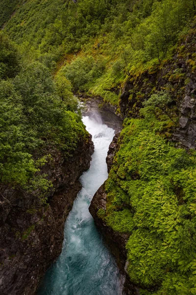 Μεγαλοπρεπής Καταρράκτης Και Πράσινη Βλάστηση Jotunheimen Εθνικό Πάρκο Νορβηγία — Φωτογραφία Αρχείου