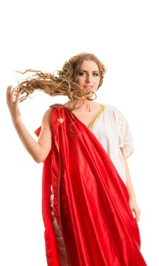 Beyaz bir arka plan üzerinde izole kırmızı Yunanistan toga içinde Antik Tanrıça