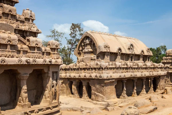 Ancient Rock Temple Fem Rathas Mamallapuram Tamil Nadu Indien — Stockfoto