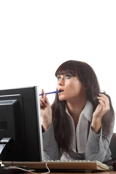 Zakenvrouw Haar Werkplek Denken Kauwen Een Pan — Stockfoto