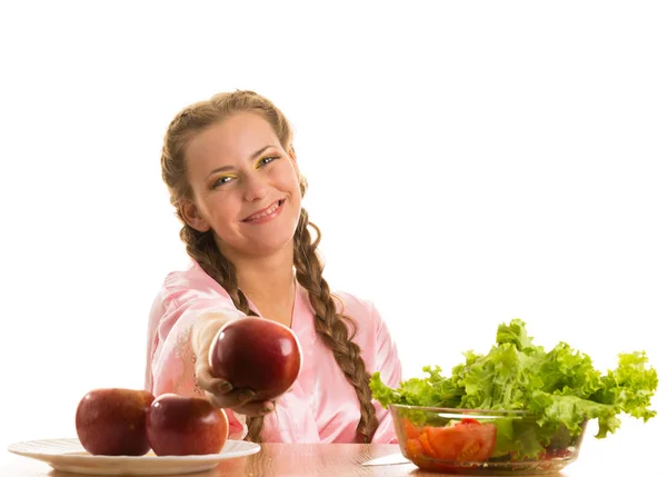 Beauté Aux Yeux Verts Avec Des Pommes Isolé Sur Fond Photo De Stock