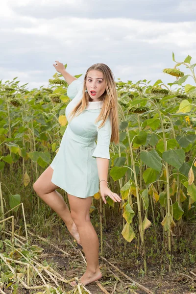 Joven Linda Chica Posando Campo Girasol — Foto de Stock