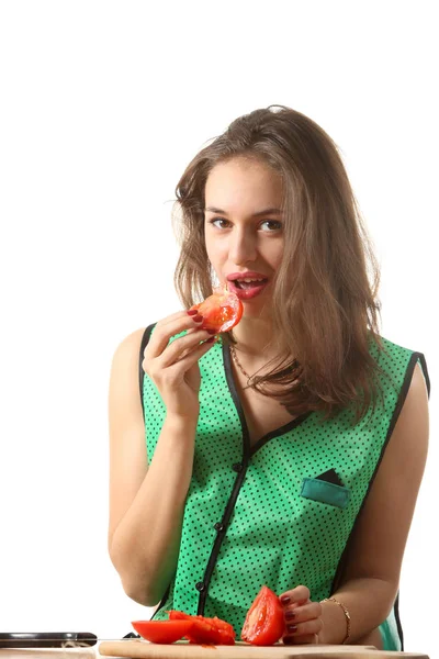 Bela Dona Casa Comer Tomate — Fotografia de Stock