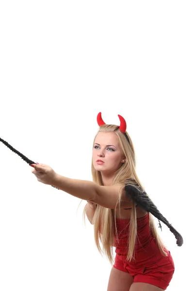 Mladá Sexi Blonďatá Žena Kostým Červený Ďábel — Stock fotografie