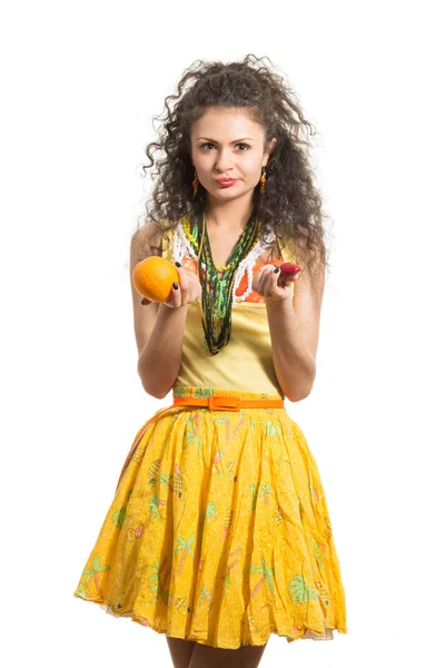 Giovane Ragazza Attraente Giallo Shirt Con Frutta — Foto Stock