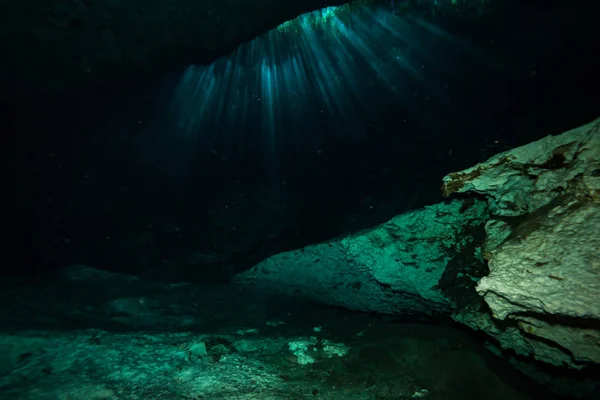 underwater image of cave on ocean bottom in Mexico