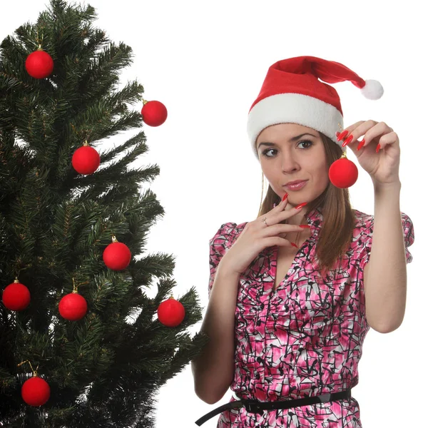 Žena Klobouku Vánoční Dekorace Vánoční Stromeček — Stock fotografie