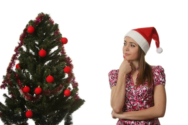 Femme Dans Chapeau Noël Décorant Arbre Noël — Photo