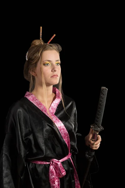 Beautiful Green Eyed Girl Japanese Kimono Holding Katana Isolated Black — Stock Photo, Image