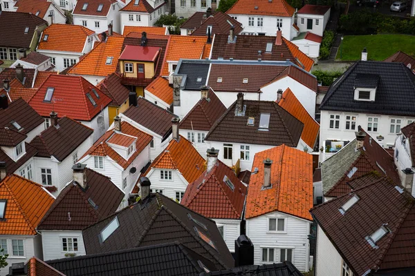 Evlerin gündüz görünümü ve küçük kasaba, Bergen, Norveç
