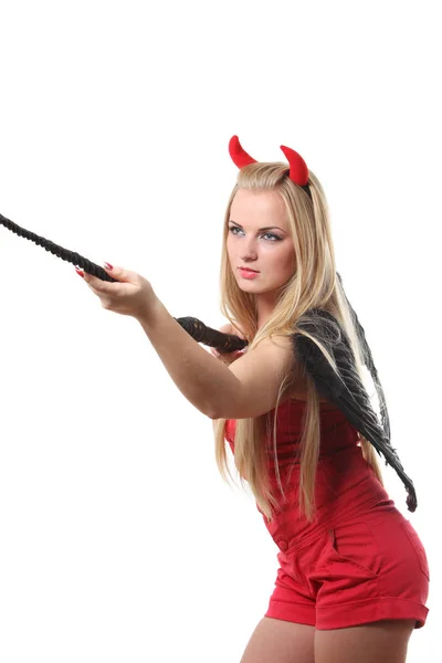Mladá Sexi Blonďatá Žena Kostým Červený Ďábel — Stock fotografie