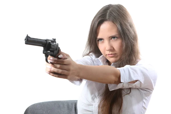 Beautiful Businesswoman Aiming Revolver — Stock Photo, Image