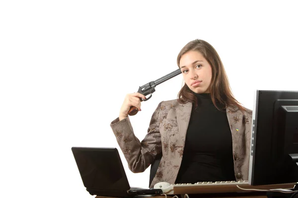 Young Businesswoman Her Workplace Want Shoot Oneself Stock Image
